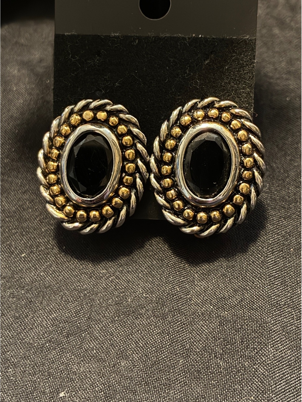 Vintage Mixed Metal Clip On Earrings - Silver Gold Tone Black Cabochon Studs